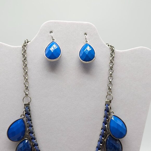 Blue Teardrop Statement Necklace Matching Earrings Set Silver Tone - Picture 5 of 9